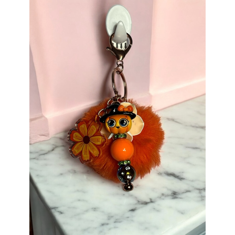 Orange & Black Beaded Pumpkin Flower Keychain with Large Fluffy Orange Pompom